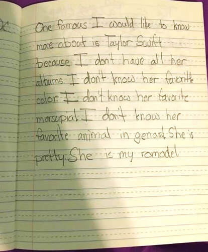 méabh stanford's second grade writing journal in which she talks about wanting to know more about Taylor Swift.